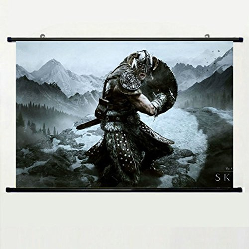 Wall Posters Wall Scroll Poster with Skyrim Dragonborn The Elder Scrolls V Skyrim The Elder Scrolls Warrior Rage Armor Shield Home Decor Fabric Painting 23.6 X 15.7 Inch