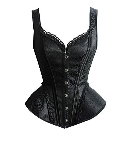 Women Gothic Vintage Steampunk Boned Lace Overbust Satin Shoulder Strap Corset Bustier Top - Black Plus Size 3XL