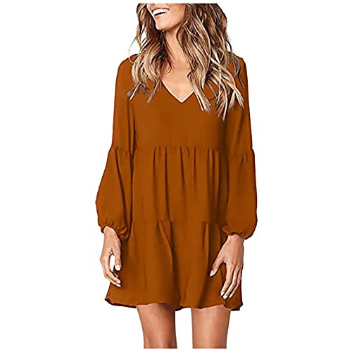 Aniywn Womens Summer Tunic Dress V Neck Short Sleeve Ruffle Casual Loose Flowy Babydoll Swing Mini Shift Dresses Brown