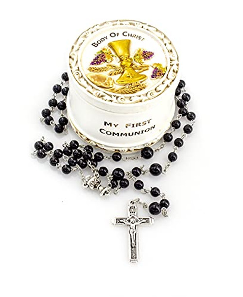 First Holy Communion Rosary Box Gift Set Includes Black Communion Rosary with Chalice Centerpiece and Two Piece Communion Rosary Box with Communion Elements Design First Holy Communion Rosary Box Gift Set Includes Black Communion Rosary with Chalice Centerpiece and Two Piece Communion Rosary Box with Communion Elements Design