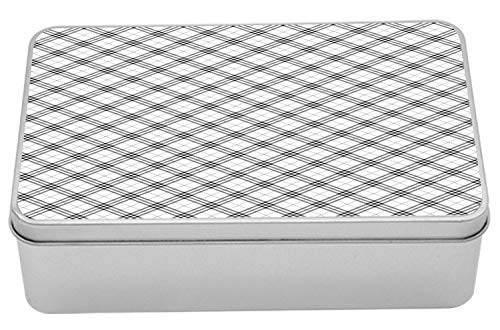 Ambesonne Plaid Tin Box- Monochromatic Diagonal Pattern with Checks and Stripes Dashed Lines Celtic Classic- Portable Rectangle Metal Organizer Storage Box with Lid- 7.2" X 4.7" X 2.2"- Black White