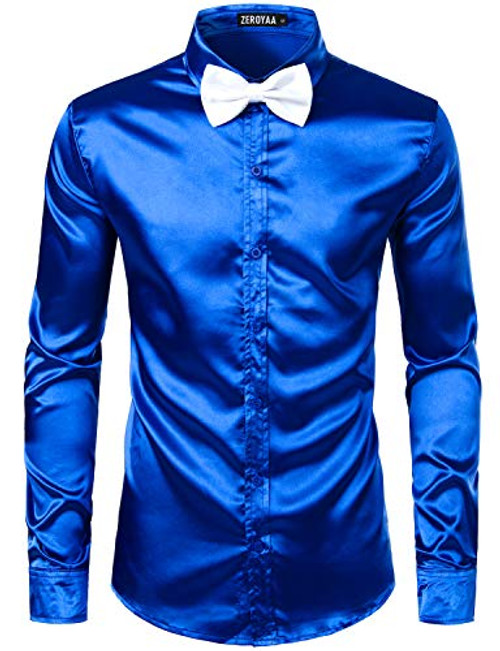 ZEROYAA Men's Luxury Shiny Silk Like Satin Button Up Dress Shirts ZLCL14-Royal Large