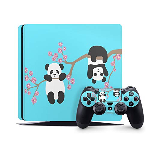 PS4 Slim Skins Console and Controller by ZOOMHITSKINS- Same Decal Quality for Cars- Cute Panda Bear Cat Asia Oriental Animal Sakura Blossom Floral Aqua Blue- Fit PS4 Slim- Made in USA