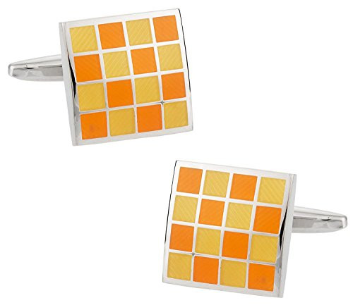 Cuff-Daddy Yellow Orange Checkerboard Enamel Cufflinks with Presentation Box