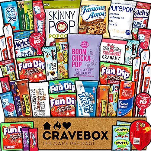 CraveBox Care Package -40 Count- Healthy Snacks Food Cookies Health Bar Chips Candy Nutritious Variety Gift Box Pack Assortment Basket Bundle Mix Sampler Treat College Students Exam Office Back to School