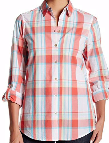 Foxcroft Roll Tab Multi Color Plaid Long Sleeve Shirt- White -8-