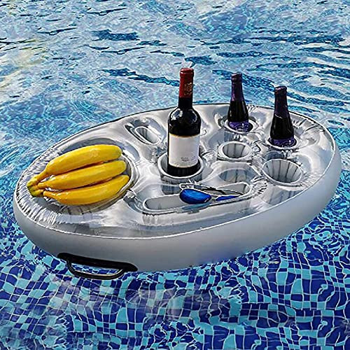 L-Stars Pool Float with Cup Holder for Adults-Pool Float Holder Pool Accessories-8 Hole Inflatable Floating Drink Holder Floating Tray for Summer Beach Pool Party -Sliver-