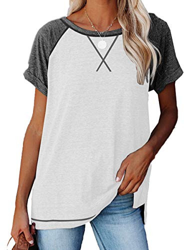 MAYFASEY Lightweight Color Block Trendy Soft Tunic Top Short Sleeve Cute Womens Shirt Round Neck Casual Loose Blouses Comfortable Fitting Plus Size T Shirts White XL