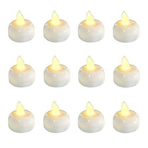 12 Pack LED Floating Flameless Candles- Waterproof Flameless Floating Tealights- Warm White Battery Flickering Floating Candles for Wedding Party Pool Spa Decor -Yellow Flicker Light-
