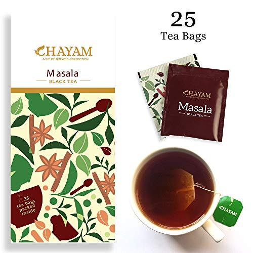 CHAYAM Indian Masala Chai Tea (Spiced Tea)  25 Tea Bags (50gms)  100% Natural Indian Spices  No Added Flavor  Ginger, Black Pepper, Cardamom, Cinnamon, Anise Seeds and Clove  Masala Black tea