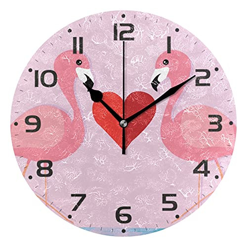 xigua Flamingos Love Wall Clock Round Accurate Decor Clock Silent Non-Ticking Wall Clock Battery Operated Round Wall Clock for Home Kitchen Living Room Bedroom 10in