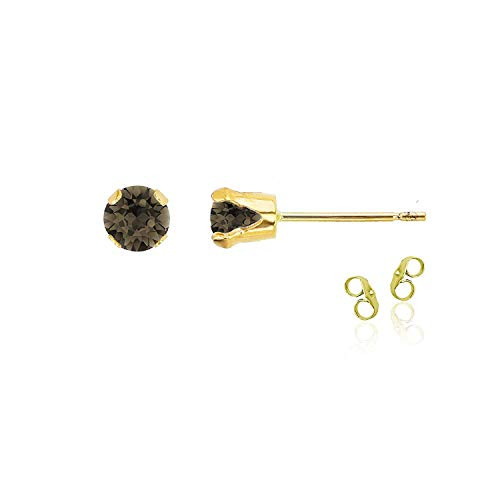 14K Yellow Gold Plated 925 Sterling Silver 4mm Round Natural Smokey Quartz Birthstone Stud Earrings