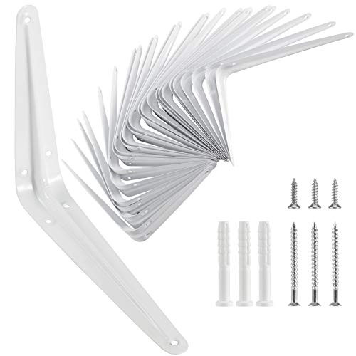 KEILEOHO 24 Pack 8 x 10 Inches Shelf Brackets- Heavy Duty Metal Wall Corner Angle Shelf Brackets with Screws- L Bracket Supports for Hanging Shelves- White