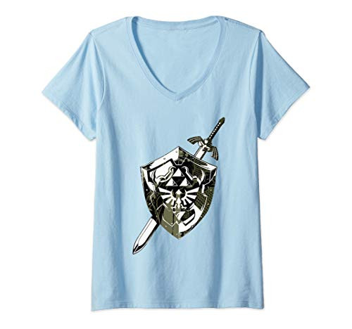 Womens Nintendo Zelda Hylian Shield  and  Sword Collage V-Neck T-Shirt