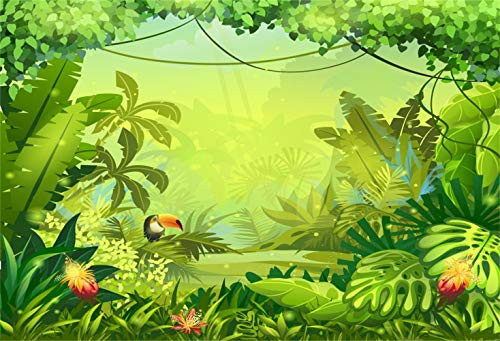 Laeacco Artistic Cartoon Jungle Rainforest Backdrop Vinyl 7x5ft Fairytale Tropical Forest Lush Palm Woods Flowers Woodpecker Background Birthday Party Banner Child Kids Baby Portrait Shoot