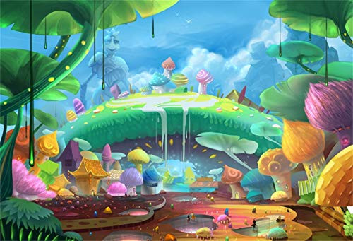 Laeacco Cartoon Fairytale Forest Backdrop Vinyl 7x5ft Ant Planet Colorful Cabins Arch Bridge Waterfall Small Pond Wonderland Background Birthday Party Banner Child Baby Shoot Kids Room Wallpaper