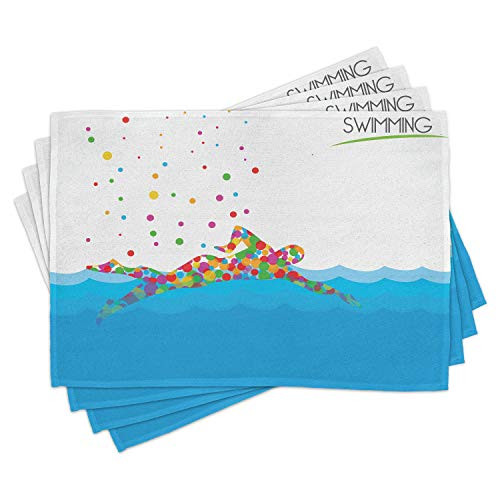 Ambesonne Olympics Place Mats Set of 4- Pattern of Swimmer in Pool with Different Sized Circles Colorful Modern Art- Washable Fabric Placemats for Dining Room Kitchen Table Decor- Red Green Blue