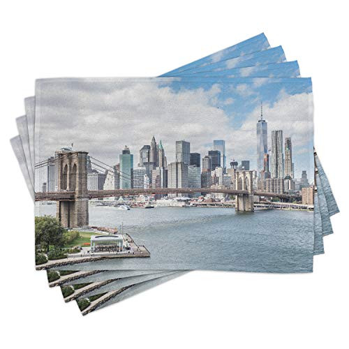 Lunarable Cityscape Place Mats Set of 4- American USA New York City Buildings and a Landmark Bridge Photo- Washable Fabric Placemats for Dining Room Kitchen Table Decor- Sky Blue White and Grey