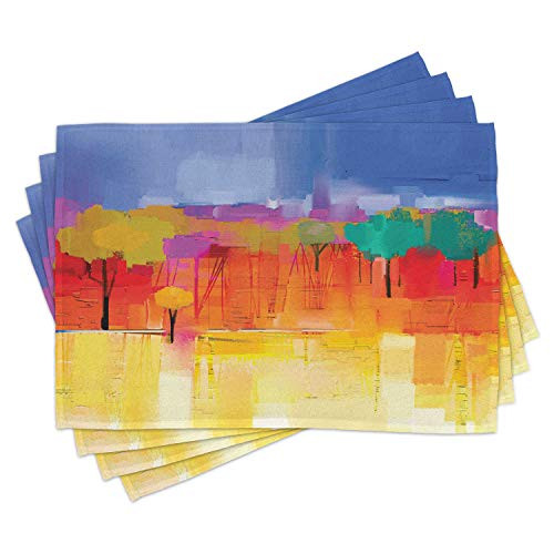 Lunarable Abstract Place Mats Set of 4- Vintage Impressionist Landscape Paint in Vibrant Tones Brushstroke Pastel Print- Washable Fabric Placemats for Dining Room Kitchen Table Decor- Multicolor