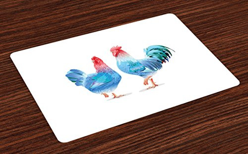 Lunarable Chicken Place Mats Set of 4- Blue Rooster and Hen Domestic Farm Animals in Abstract Colors- Washable Fabric Placemats for Dining Room Kitchen Table Decor- Scarlet Pale Pink Blue