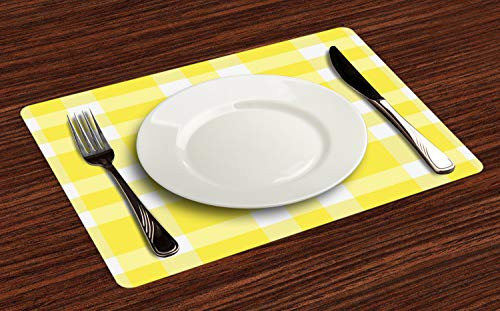 Lunarable Yellow Buffalo Check Place Mats Set of 4- Abstract Vintage Illustration in Scottish Style Pattern Art Image- Washable Fabric Placemats for Dining Table- Standard Size- Yellow White
