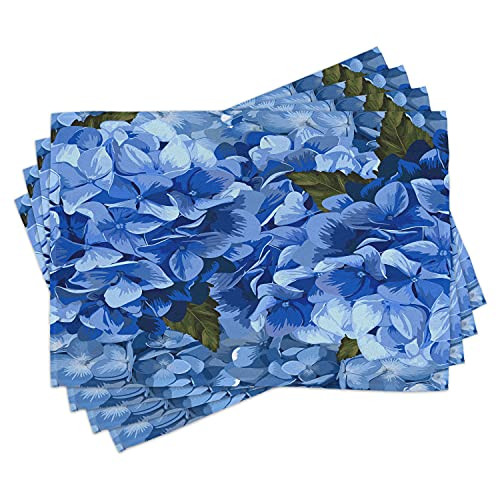 Ambesonne Vintage Blue Place Mats Set of 4- Bundles of Blue Hydrangea Hortensis Flower Realistic Design- Washable Fabric Placemats for Dining Room Kitchen Table Decor- Blue and Dark Olive Green