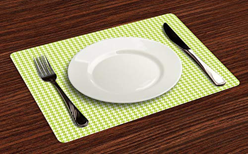 Ambesonne Houndstooth Place Mats Set of 4- Abstract Textile Pattern Scottish Four-Pointed Checks Motif- Washable Fabric Placemats for Dining Room Kitchen Table Decor- Lime Green White