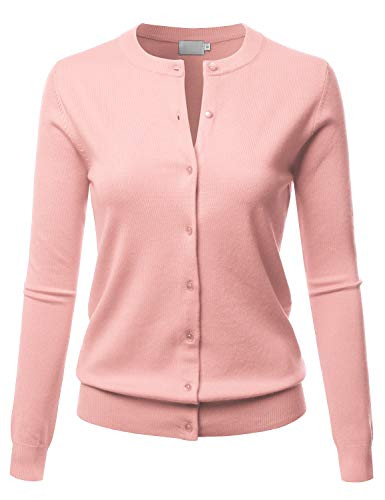 LALABEE Women's Crew Neck Gem Button Long Sleeve Soft Knit Cardigan Sweater Dustypink XL