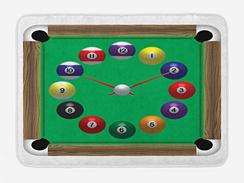 Lunarable Billiard Bath Mat- Digital Drawn Pool Table Look Clock Design with Numbered Balls and Cues Print- Plush Bathroom Decor Mat with Non Slip Backing- 29.5" X 17.5"- Multicolor