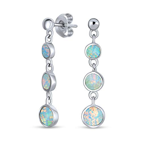 Round Disc White Created Opal Long Bezel Set Dangle Earrings For Women 925 Sterling Silver October Birthstone