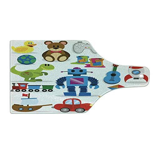 Lunarable Outer Space Cutting Board- Robot Bear and Other Toys Dinosaur Controller Space Craft Paint Images- Decorative Tempered Glass Cutting and Serving Board- Wine Bottle Shape- Multicolor