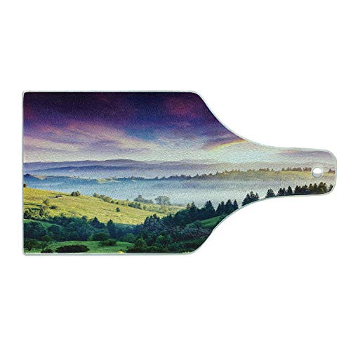 Lunarable Europe Nature Cutting Board- Majestic Carpathian Mountains Ukraine Country Forest Landscape Image- Decorative Tempered Glass Cutting and Serving Board- Wine Bottle Shape- Green Blue Magenta
