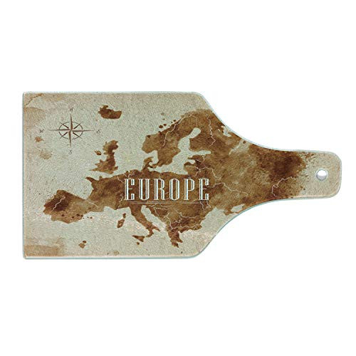 Ambesonne Europe Cutting Board- Mapping Cartography Compass in Earth Tones Watercolor Style Paint Splash- Decorative Tempered Glass Cutting and Serving Board- Wine Bottle Shape- Cinnamon Pale Peach