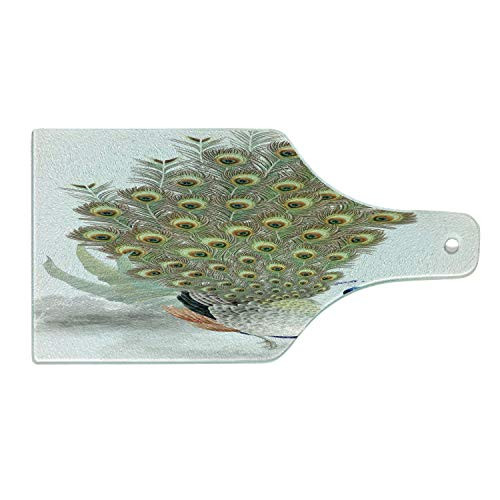 Lunarable Peacock Cutting Board- Bird Opens up His Giant Feather Inner Evolution Traditional Chinese Paint- Decorative Tempered Glass Cutting and Serving Board- Wine Bottle Shape- Multicolor