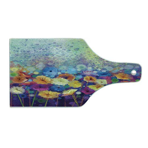 Lunarable Spring Cutting Board- Abstract Floral Petals in Misty Tones Daisy Gerbera Dandelion Blossom Meadow Paint- Decorative Tempered Glass Cutting and Serving Board- Wine Bottle Shape- Purple Mint