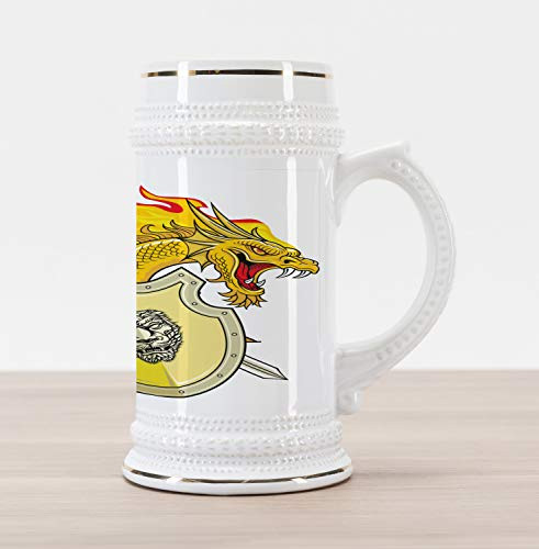 Ambesonne Dragon Beer Stein Mug- Creature with Royal Shield Hero Knight Medieval Times Print- Traditional Style Decorative Printed Ceramic Large Beer Mug Stein- Marigold Pistachio Green