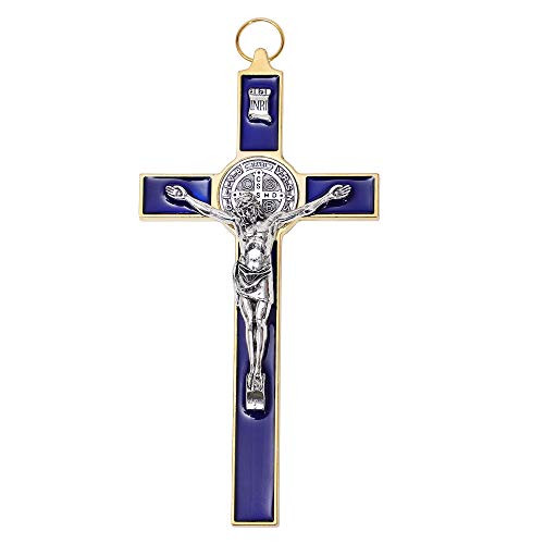Woodington's- Saint Benedict Benedictine Blue Enamel 8 Inch Protection Wall Crucifix Cross