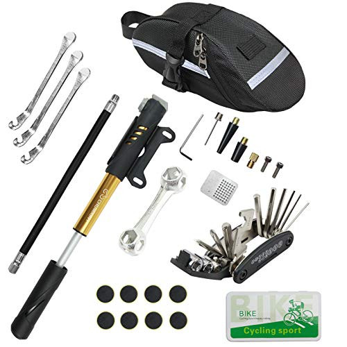 CHUMXINY Bicycle Repair Kit- Bike Tire Repair Tool Kit Contains 16-in-1 Tool- 120Psi Mini Bicycle Pump- Bicycle Tire Patch Kit- Used for Mountain Bike and Road Bike. -Yellow-