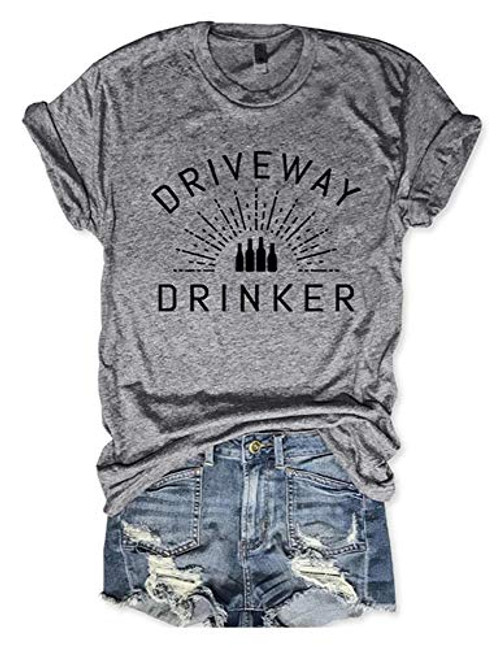 nvwangqq Womens Driveway Drinker Letter Print T-Shirt Cute Beer Graphic Short Sleeve Drink Tee Tops -Grey- Small-