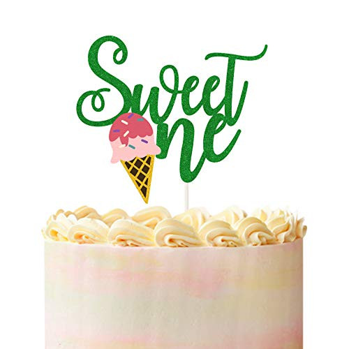 Sweet One Ice Cream Cake Topper for First Birthday-Green Glitter Summer Happy 1st Birthday Party Decorations-Smash Photo Prop