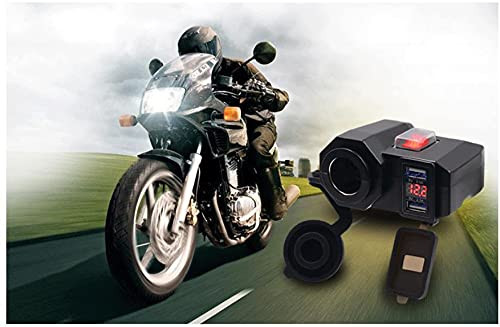 5V/4.2A Dual USB Charger Socket Waterproof Motorcycle Handlebar Clamp Power Adapter Charger USB Charging System with Cigarette Lighter Socket and Voltmeter for Phones Tablets GPS