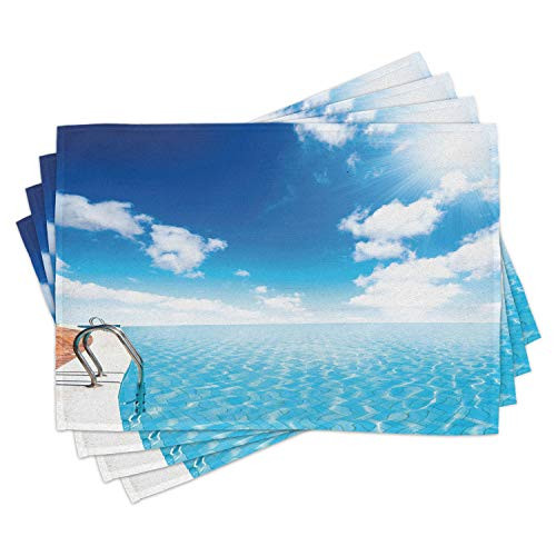 Lunarable Summer Place Mats Set of 4- Swimming Pool in Crystal Color Water Cloudy Sky Relaxing Holiday Image- Washable Fabric Placemats for Dining Room Kitchen Table Decor- Blue White Turquoise