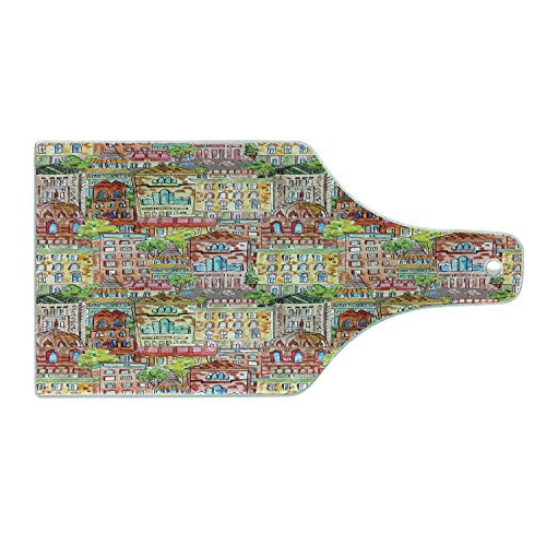 Lunarable Paint Cutting Board- Vintage Cityscape Watercolor Scenery of European Mediterranean Sea Town Architecture- Decorative Tempered Glass Cutting and Serving Board- Wine Bottle Shape- Multicolor