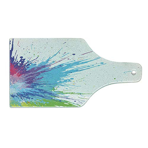 Lunarable Abstract Cutting Board- Grunge Inspired Splashes of Various Colored Paints with a Tainted White Backdrop- Decorative Tempered Glass Cutting and Serving Board- Wine Bottle Shape- White Aqua