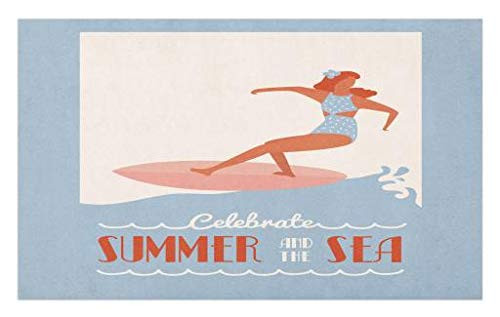 Lunarable Saying Doormat- Celebrate Summer and The Sea Slogan Surfer Girl Riding Long Board- Decorative Polyester Floor Mat with Non-Skid Backing- 30" X 18"- Pale Blue Cream Burnt Orange