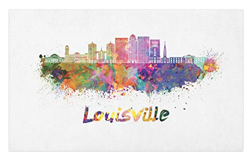 Lunarable Kentucky Doormat- Watercolor Paint Splashes Grunge City Silhouettes Rainbow Louisville Lettering- Decorative Polyester Floor Mat with Non-Skid Backing- 30" X 18"- Multicolor