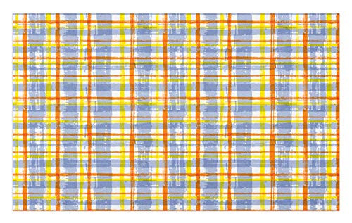 Lunarable Geometric Doormat- Grunge Style Horizontal and Vertical Stripes in Check Pattern- Decorative Polyester Floor Mat with Non-Skid Backing- 30" X 18"- Ceil Blue Yellow