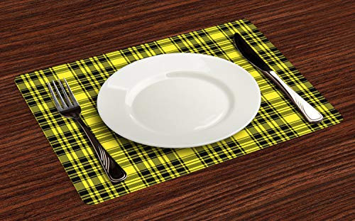 Lunarable Yellow Buffalo Check Place Mats Set of 4- Tartan Pattern Formed with Horizontal and Vertical Stripes- Washable Fabric Placemats for Dining Table- Standard Size- Yellow Charcoal Grey