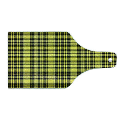 Lunarable Yellow Buffalo Check Cutting Board- Tartan Pattern Formed with Horizontal and Vertical Stripes- Decorative Tempered Glass Cutting and Serving Board- Wine Bottle Shape- Yellow Charcoal Grey