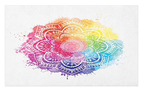 Lunarable Rainbow Mandala Doormat- Watercolor Style Round Artwork Made by Hand Paint Blemishes- Decorative Polyester Floor Mat with Non-Skid Backing- 30" X 18"- Multicolor